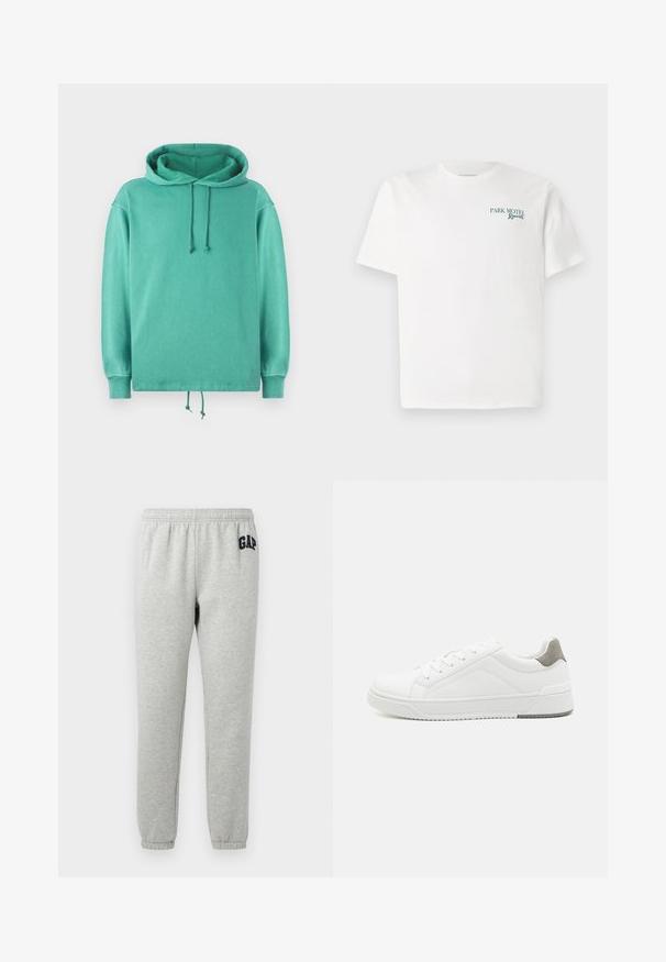 Hoodie vert menthe en tissu doux avec une coupe décontractée, doté d'un col large, de cordons de serrage et de poignets côtelés.; T-shirt en coton blanc avec un col ras du cou. Le devant présente un texte vert : "PARK MOTEL Resort." Manches courtes et coupe décontractée. Texture lisse.; Pantalons de survêtement gris avec une taille élastique, des chevilles resserrées et un logo "GAP" bleu marine sur la cuisse supérieure gauche. Tissu doux en mélange de coton.; Basket blanche en cuir lisse, à bout arrondi, design minimaliste, accent de talon gris et semelle en caoutchouc texturé.