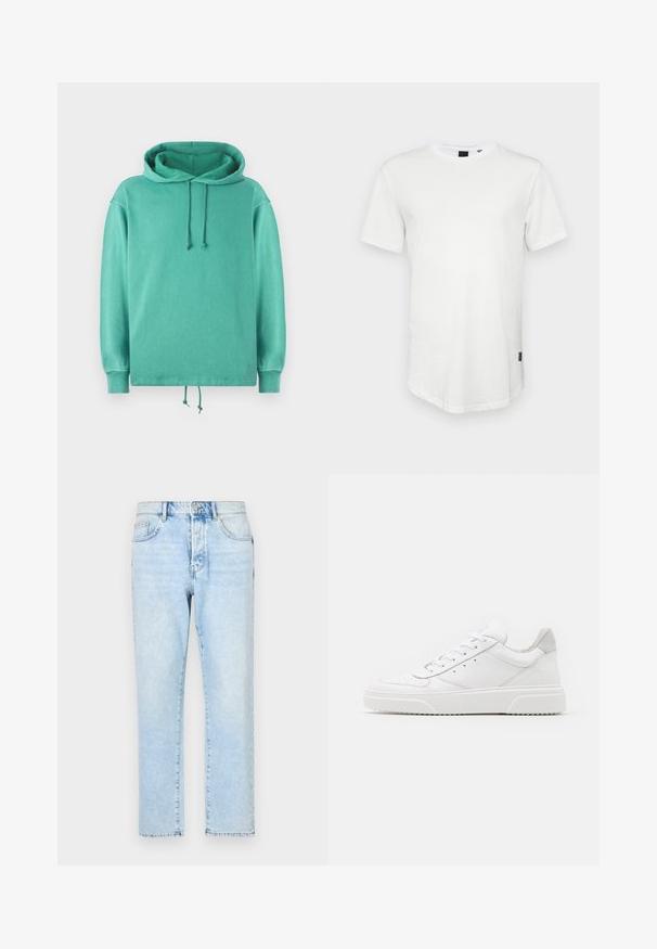 Mintgroene hoodie van zachte stof met een relaxte pasvorm, voorzien van een ruime halslijn, koordjes en geribde manchetten.; Witte t-shirt met korte mouwen, gemaakt van katoen, met een ronde halslijn en een iets verlengde achterkant, voorzien van een klein logo-accent aan de zijkant.; Lichtblauwe spijkerbroek met een recht pijpdesign, vervaagde textuur en traditionele vijf-vakken stijl. Voorzijde met ritssluiting en knoopsluiting.; Witte leren sneakers met een gladde afwerking, ronde neus, platte veters en een gestructureerde zool. Grijze suède accent bij de hiel.