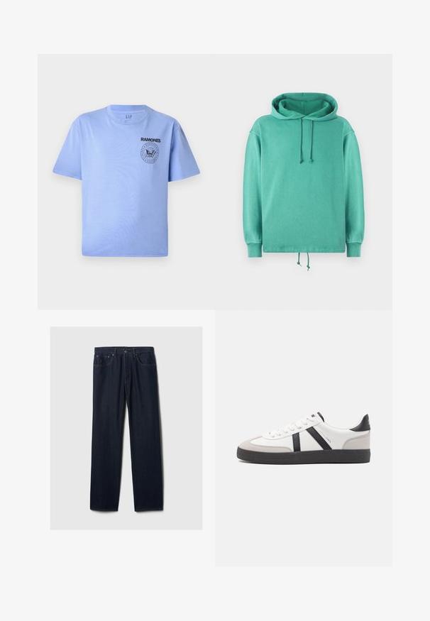 Hoodie vert menthe en tissu doux avec une coupe décontractée, doté d'un col large, de cordons de serrage et de poignets côtelés.; T-shirt en coton bleu clair avec manches courtes, col rond et impression du logo noir "Ramones" sur la partie gauche de la poitrine. Texture lisse.; Jeans en denim bleu foncé à jambe droite avec un design à cinq poches, fermeture à bouton et couture visible sur un fond clair.; Baskets blanches avec des accents noirs et gris, présentant un embout texturé gris, une semelle en caoutchouc noir et des lacets plats blancs. Design épuré, style minimaliste.