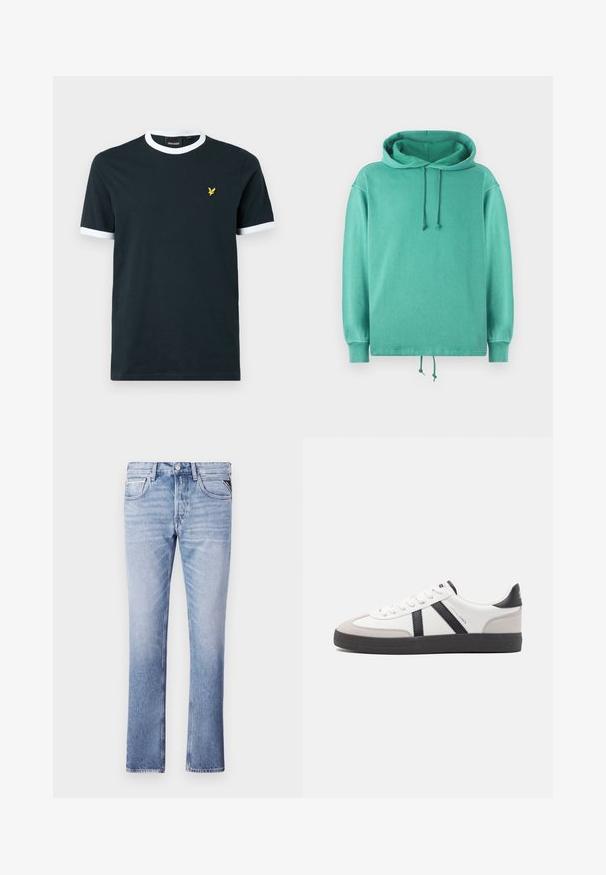 Sudadera verde menta hecha de tela suave con un ajuste relajado, que presenta un escote amplio, cordones y puños acanalados.; Camiseta de algodón azul marino con cuello ribeteado y bordes de las mangas en blanco. Presenta un pequeño logo bordado amarillo a la izquierda del pecho.; Jeans de mezclilla azul claro con un diseño de pierna recta, cinco bolsillos y detalles de costura visibles. Textura suave y ajuste clásico.; Zapatilla blanca con acentos en negro y gris, que presenta una puntera texturizada en gris, suela de goma negra y cordones planos blancos. Diseño limpio, estilo minimalista.