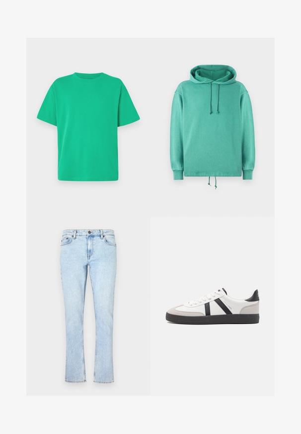 Mintgrüner Hoodie aus weichem Stoff mit lockerer Passform, weitem Ausschnitt, Kordelzügen und gerippten Bündchen.; Grünes T-Shirt mit kurzen Ärmeln aus weichem Stoff; hat einen Rundhalsausschnitt und eine lockere Passform; glatte Textur ohne Muster oder Akzente.; Hellblaue Jeans aus Denim mit geradem Bein, mit einem Knopfverschluss, fünf Taschen und sanften Ausbleichungen für Textur.; Weiße Sneaker mit schwarz- und grau-aczenten, ausgestattet mit einer strukturierten grauen Zehenkappe, schwarzer Gummi-Sohle und flachen weißen Schnürsenkeln. Sauberes Design, minimalistische Stil.