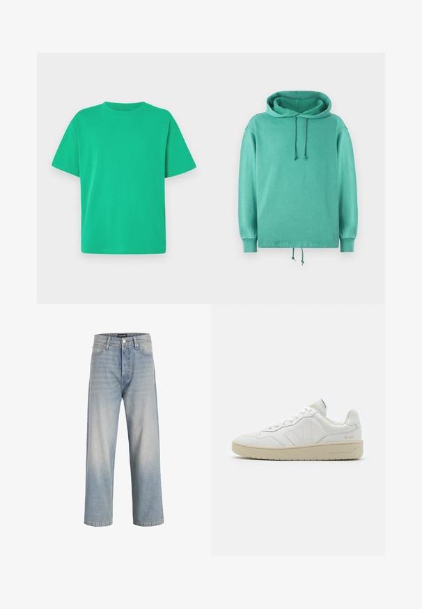 Mintgrüner Hoodie aus weichem Stoff mit lockerer Passform, weitem Ausschnitt, Kordelzügen und gerippten Bündchen.; Grünes T-Shirt mit kurzen Ärmeln aus weichem Stoff; hat einen Rundhalsausschnitt und eine lockere Passform; glatte Textur ohne Muster oder Akzente.; Helle blaue Jeans mit geradem Bein, verblasster Optik, fünf Taschen und Knopfverschluss an der Taille.; Weiße Leder-Sneaker mit strukturierter Oberfläche und gepolstertem Kragen. Sie verfügen über eine beigen Gummisohle und dezente Markenkennzeichnung an der Ferse und an der Seite.