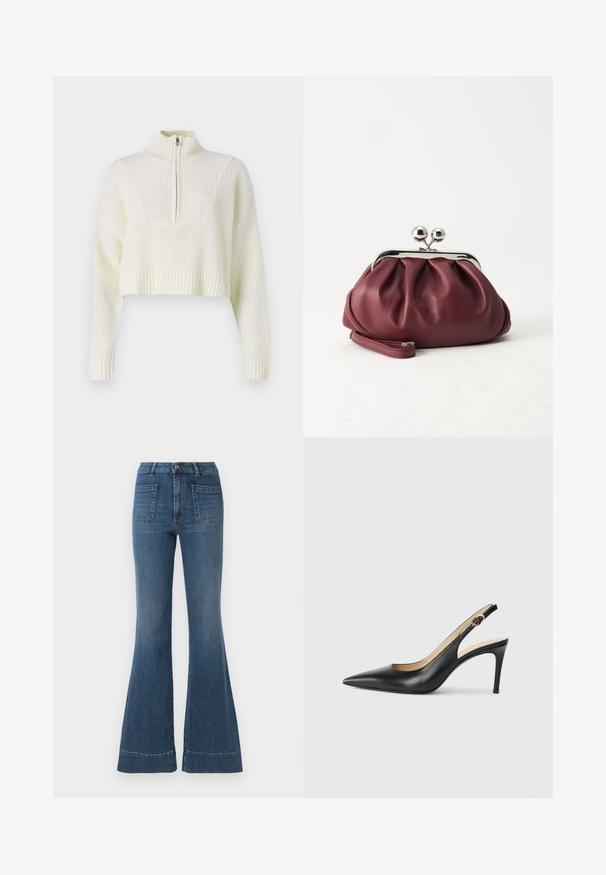 Cremefarvet cropped sweater med lynlås i halsen, ribbet tekstur og brede ærmer. Materialet ser blødt og strikket ud.; Bredde blå jeans i en medium vask med høj talje, fem lommer og let falmning ved knæene og lårene.; Sorte læder slingback højhælede sko med spids tå, justerbar rem og en slank stiletto hæl, der har en glat finish.; Lille bordeauxlæder clutch-pung med sølv metal lukning og håndledsrem på hvid baggrund.