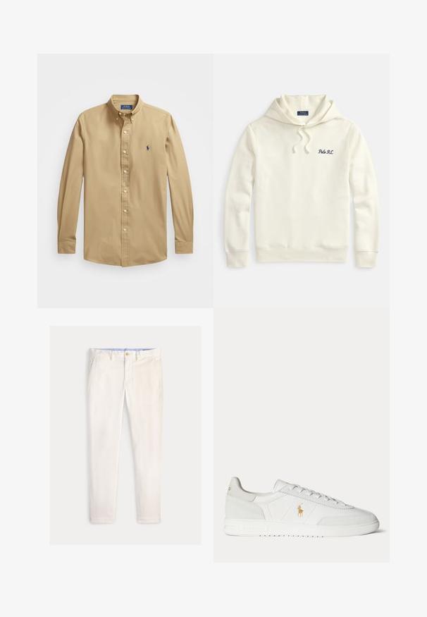 Off-weißer Hoodie mit Kordelzugkapuze, gerippten Bündchen und Saum, mit kleiner dunkelblauer "Polo RL" Stickerei auf der linken Brust.; Helle beige Langarmhemd mit Knopfleiste, aus glattem Baumwollstoff. Verfügt über einen spitzen Kragen und ein kleines blaues gesticktes Pferdelogo auf der Brust.; Herren Slim-Fit-Hose in Off-White mit Fronttaschen, Gürtelschlaufen und Knopfverschluss vor einfarbigem Hintergrund.; Weißer Sneaker in niedriger Ausführung mit Schnürdesign, goldenem Polo Ralph Lauren Logo an der Seite und strukturierter Sohle auf einfarbigem Hintergrund.