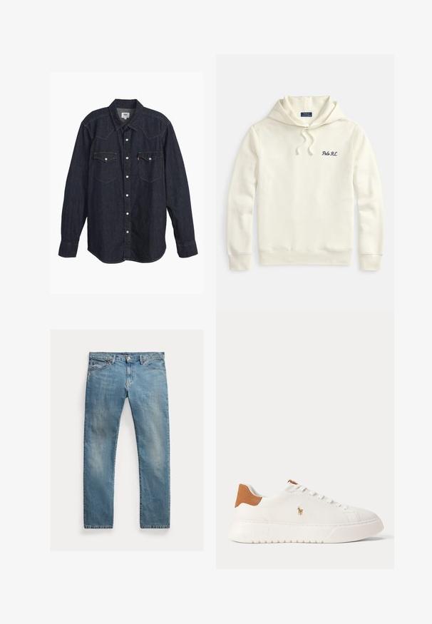 Off-weißer Hoodie mit Kordelzugkapuze, gerippten Bündchen und Saum, mit kleiner dunkelblauer "Polo RL" Stickerei auf der linken Brust.; Dunkelblauses Denim-Hemd mit langen Ärmeln und spitzem Kragen, zwei Brusttaschen, weißen Knöpfen und kontrastierendem gelbem Stich. Glattes, robustes Material.; Hellblaue Jeans aus Denim mit geradem Schnitt, Knopfverschluss, fünf Taschen, dezenten Verblassungen und kontrastierenden Nähten.; Weißer Sneaker mit niedrigem Schaft, beige Fersenlasche, weißen Schnürsenkeln und kleinem, besticktem Polospieler-Logo an der Seite über einer dicken Sohle.