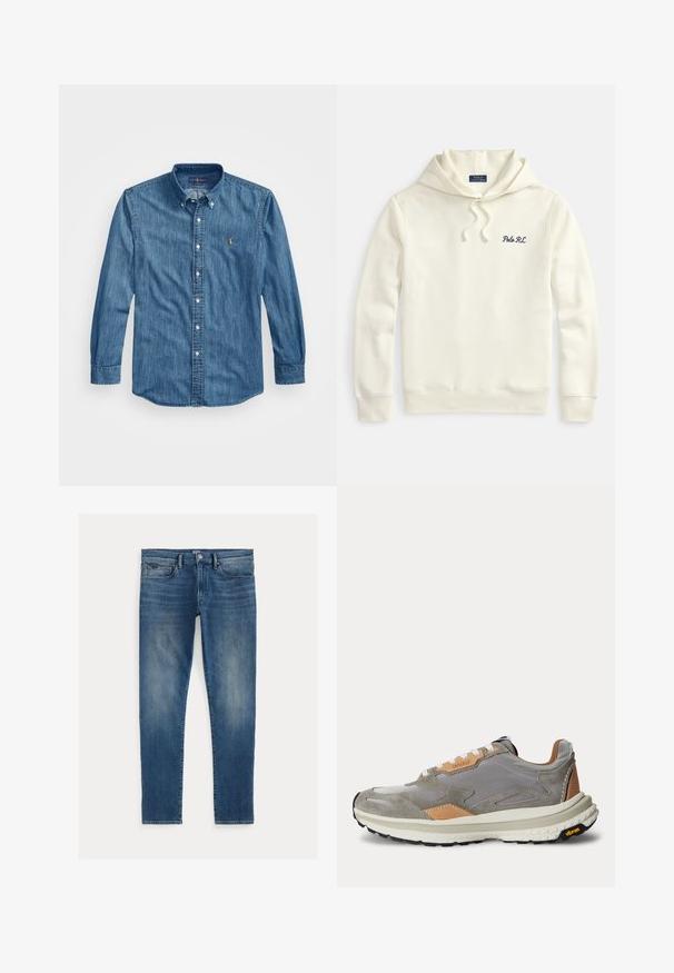 Off-white hættetrøje med snoretræk i hætten, ribstrikkede manchetter og kant, med en lille marineblå "Polo RL"-brodering på venstre bryst.; Button-up denimskjorte i middelblå med spids krave, lange ærmer og et lille broderet logo på brystet. Blød tekstur.; Blå denim jeans med slim fit, der har en falmet effekt, fem lommer og en lynlås med en knap øverst. Fremtrædende sømdetaljer.; Grå og beige afslappet sneaker med hvide snørebånd, tekstureret sål og Vibram-logo på sort ydersål, vist i sideprofil.