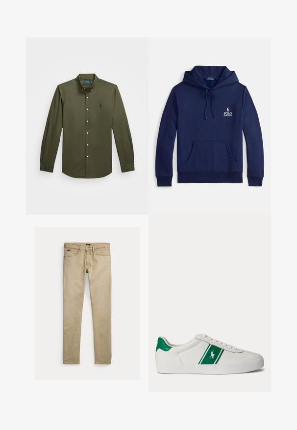 Marineblauwe hoodie van een katoenmengsel, met een voorzak, verstelbare capuchon met trekkoord en een wit geborduurd logo op de borst.; Overhemd met lange mouwen en knopen in olijfgroen katoen. Voorzien van een klein geborduurd logo op de borst, een standaard kraag en knoopaccenten.; Beige slim-fit broek met voorzakken, taillebandlussen en knoopsluiting, platliggend op een witte achtergrond.; Witte lage sneaker met groene streep en Polo-logo aan de zijkant, groene hieltab en witte veters, vanaf de linkerkant getoond op een effen achtergrond.