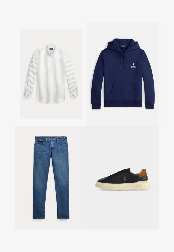 Marineblauer Hoodie aus Baumwollmischung mit einer Fronttasche, verstellbarer Kapuze mit Kordelzug und weißem, auf der Brust gesticktem Logo.; Weißes Hemd mit langen Ärmeln, dünnen vertikalen blauen Streifen und kleinem gesticktem Logo auf der linken Brust.; Blaue Jeans aus Denim mit schmalem Schnitt, ausgestattet mit vorderen Taschen, Gürtelschlaufen und einem Knopfverschluss vor weißem Hintergrund.; Schwarzer flacher Ledersneaker mit beiger Sohle, braunem Fersenlasche und kleinem besticktem Polo-Spieler-Logo an der Seite.