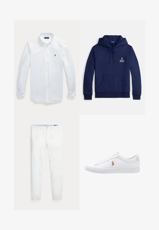 Marineblauwe hoodie van een katoenmengsel, met een voorzak, verstelbare capuchon met trekkoord en een wit geborduurd logo op de borst.; Wit overhemd met lange mouwen en knopen, met kraag, Polo Ralph Lauren-logo geborduurd op de linkerborst.; Witte katoenen chino's met een slim fit, voorzien van een enkele gouden knoopsluiting en een lichtblauwe binnenband. Gladde textuur zonder patronen.; Witte canvas sneakers met een laag ontwerp, featuring een beige hieltab en een klein geborduurd logo aan de zijkant. Rubber zool.