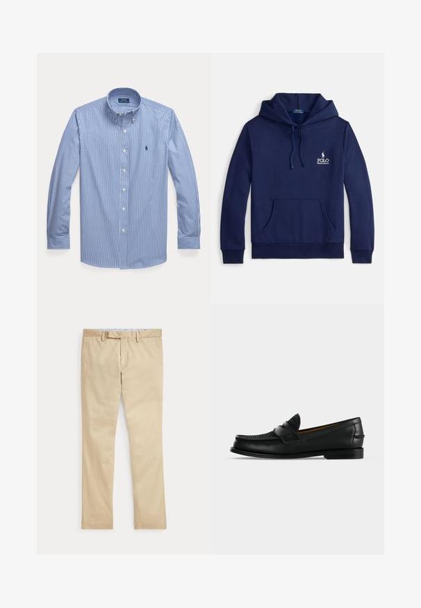 Marineblauwe hoodie van een katoenmengsel, met een voorzak, verstelbare capuchon met trekkoord en een wit geborduurd logo op de borst.; Blauw-wit verticaal gestreept overhemd met lange mouwen, knopen, kraag en klein geborduurd logo op de linkerborst.; Beige broek met rechte pijpen, ceintuurlussen en een voorrits, plat gelegd tegen een witte achtergrond.; Zwarte leren herensloffen met een geweven bovenkant en lage hak, zijaanzicht op een effen witte achtergrond.