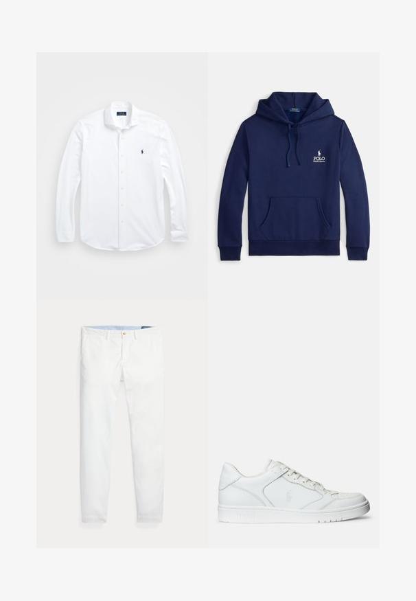 Marineblauwe hoodie van een katoenmengsel, met een voorzak, verstelbare capuchon met trekkoord en een wit geborduurd logo op de borst.; Witte lange mouwen knoopshirt van katoen. Heeft een klassieke kraag, normale pasvorm en een klein marineblauw logo op de borst.; Witte katoenen chino's met een slim fit, voorzien van een enkele gouden knoopsluiting en een lichtblauwe binnenband. Gladde textuur zonder patronen.; Witte leren sneaker met een gladde textuur, voorzien van een geperforeerde neus, vetersluiting en geborduurde logo aan de zijkant. Witte rubberen zool.