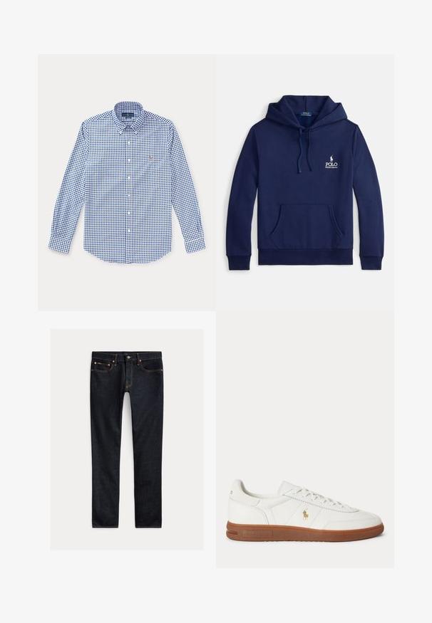 Marineblauwe hoodie van een katoenmengsel, met een voorzak, verstelbare capuchon met trekkoord en een wit geborduurd logo op de borst.; Blauw-wit geruit overhemd met lange mouwen, een kraag en een klein geborduurd logo op de linkerborst.; Donkerblauwe slim-fit jeans met vijf zakken, knoopsluiting en contrasterende stiksels, plat gelegd op een lichte achtergrond.; Witte lage sneaker met bruine zool, veters aan de voorkant en klein gouden Polo Ralph Lauren-logo aan de zijkant.