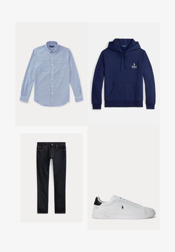 Marineblauwe hoodie van een katoenmengsel, met een voorzak, verstelbare capuchon met trekkoord en een wit geborduurd logo op de borst.; Blauw-wit geruit overhemd met lange mouwen, een kraag en een klein geborduurd logo op de linkerborst.; Donkerblauwe slim-fit jeans met vijf zakken, knoopsluiting en contrasterende stiksels, plat gelegd op een lichte achtergrond.; Witte lage sneaker met zwarte hieltab, veters en Polo Ralph Lauren-logo aan de zijkant, met gegraveerde zooldetails.