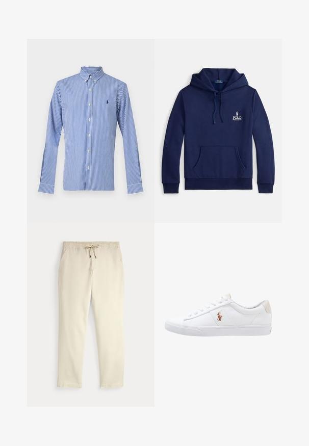 Marineblauwe hoodie van een katoenmengsel, met een voorzak, verstelbare capuchon met trekkoord en een wit geborduurd logo op de borst.; Blauw-wit verticaal gestreept overhemd met lange mouwen, knopen en een knoopkraag, met een klein marineblauw geborduurd logo op de linkerborst.; Off-white casual broek met elastische tailleband en trekkoord, rechte pijpen en zijzakken op een effen achtergrond.; Witte canvas sneakers met een laag ontwerp, featuring een beige hieltab en een klein geborduurd logo aan de zijkant. Rubber zool.