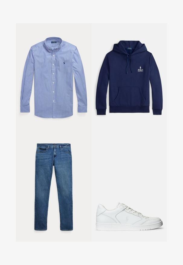 Marineblauwe hoodie van een katoenmengsel, met een voorzak, verstelbare capuchon met trekkoord en een wit geborduurd logo op de borst.; Blauw-wit verticale gestreepte blouse met lange mouwen, knopen en een button-down kraag, met Polo Ralph Lauren-logo op de borst.; Blauwe denim jeans met een slim fit, voorzien van voorkantzakken, riemlussen en een knoopsluiting op een witte achtergrond.; Witte leren sneaker met een gladde textuur, voorzien van een geperforeerde neus, vetersluiting en geborduurde logo aan de zijkant. Witte rubberen zool.