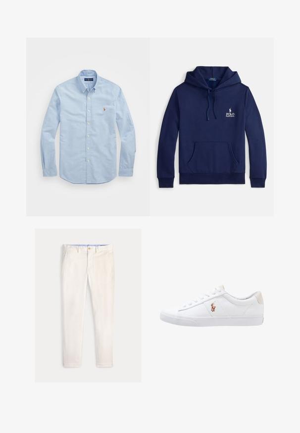 Marineblauer Hoodie aus Baumwollmischung mit einer Fronttasche, verstellbarer Kapuze mit Kordelzug und weißem, auf der Brust gesticktem Logo.; Himmlisch blaues Langarm-Hemd aus Baumwolle mit klassischem Kragen und kleinem roten gestickten Logo auf der Brust.; Herren Slim-Fit-Hose in Off-White mit Fronttaschen, Gürtelschlaufen und Knopfverschluss vor einfarbigem Hintergrund.; Weiße Leinensneaker im Low-Top-Design mit einem beigen Ferseneinsatz und einem kleinen gestickten Logo an der Seite. Gummisohle.