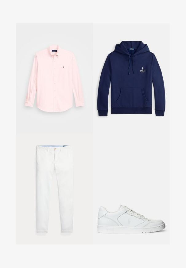 Marineblauwe hoodie van een katoenmengsel, met een voorzak, verstelbare capuchon met trekkoord en een wit geborduurd logo op de borst.; Lichtroze overhemd met lange mouwen en een button-down kraag, voorzien van een klein geborduurd logo op de linkerborst, gemaakt van een soepele katoenstof.; Witte katoenen chino's met een slim fit, voorzien van een enkele gouden knoopsluiting en een lichtblauwe binnenband. Gladde textuur zonder patronen.; Witte leren sneaker met een gladde textuur, voorzien van een geperforeerde neus, vetersluiting en geborduurde logo aan de zijkant. Witte rubberen zool.