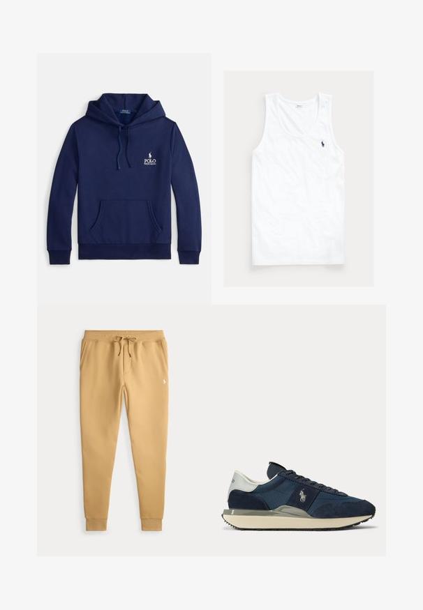 Marineblauer Hoodie aus Baumwollmischung mit einer Fronttasche, verstellbarer Kapuze mit Kordelzug und weißem, auf der Brust gesticktem Logo.; Weißes ärmelloses Tanktop mit rundem Ausschnitt und kleinem dunkelblauem Polo Ralph Lauren Pferdelogo auf der linken Brust.; Beige Jogginghose mit Kordelzugbund, seitlichen Taschen, gerippten Bündchen und kleinem weißem Logo auf dem rechten Oberschenkel.; Marineblauer und weißer Sneaker mit Velours- und Stoffeinsätzen, weißem Logo an der Seite, weißem Fersenlaschen und beiger Sohle mit schwarzer Laufsohle.