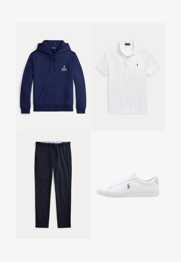 Sweat à capuche bleu marine en mélange de coton, doté d'une poche avant, d'une capuche ajustable avec cordon de serrage et d'un logo blanc brodé sur la poitrine.; Polo blanc manches courtes avec col, deux boutons et petit logo brodé d'une personne à cheval sur la poitrine.; Pantalon habillé bleu marine pour homme avec passants de ceinture, braguette zippée et poches latérales, posé à plat sur fond blanc.; Baskets en toile blanches avec un design basse, présentant un onglet de talon beige et un petit logo brodé sur le côté. Semelle en caoutchouc.