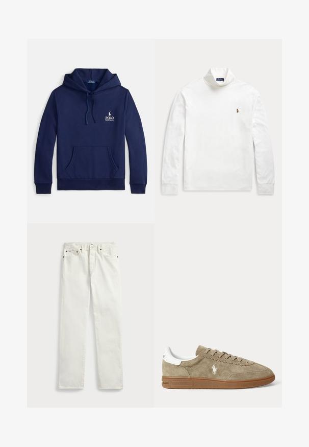 Marineblauer Hoodie aus Baumwollmischung mit einer Fronttasche, verstellbarer Kapuze mit Kordelzug und weißem, auf der Brust gesticktem Logo.; Weißes Langarm-Rollkragenshirt mit kleinem besticktem Pferd-und-Reiter-Logo auf der linken Brust.; Weiße Denim-Jeans mit geradem Schnitt, ausgestattet mit fünf Taschen, Metallknöpfen und Ziernähten entlang der Nähte. Glatte Textur.; Beiger Wildleder-Sneaker in niedrigem Schnitt mit brauner Sohle, weißem Fersendetail, Schnürsenkeln und weißem, seitlich gesticktem Polo-Spieler-Logo.