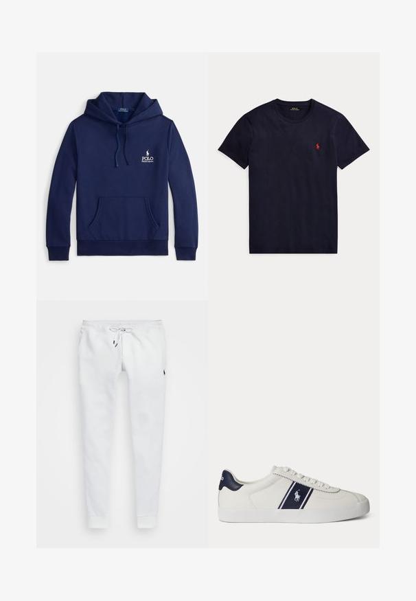 Marineblauwe hoodie van een katoenmengsel, met een voorzak, verstelbare capuchon met trekkoord en een wit geborduurd logo op de borst.; Marineblauw T-shirt met korte mouwen en ronde hals met klein rood Polo Ralph Lauren-logo op de linkerborst.; Witte sweatpants van zacht materiaal, met een tailleband met trekkoord, zijzakken en ribgebreide manchetten. Klein logo op de dij.; Witte lage sneaker met een donkerblauwe streep en logo aan de zijkant en donkerblauwe hieltab, platte witte zool en witte veters.