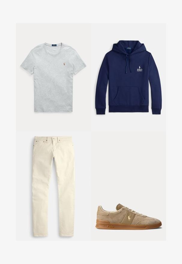 Marineblauwe hoodie van een katoenmengsel, met een voorzak, verstelbare capuchon met trekkoord en een wit geborduurd logo op de borst.; Lichtgrijs T-shirt met korte mouwen en ronde hals met klein geborduurd Polo Ralph Lauren-logo op de linkerborst.; Lichtbeige rechte broek van een gestructureerde stof. Voorzien van vijf zakken en bruine metalen accenten. Geen zichtbare patronen of versieringen.; Beige suède en leren lage sneaker met gumzool, witte veters en Polo-logo op de zijkant en zool.
