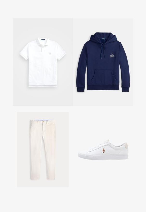 Marineblauer Hoodie aus Baumwollmischung mit einer Fronttasche, verstellbarer Kapuze mit Kordelzug und weißem, auf der Brust gesticktem Logo.; Weißes Poloshirt mit kurzen Ärmeln, Kragen, zwei Knöpfen und kleinem dunkelblau besticktem Logo auf der linken Brust.; Herren Slim-Fit-Hose in Off-White mit Fronttaschen, Gürtelschlaufen und Knopfverschluss vor einfarbigem Hintergrund.; Weiße Leinensneaker im Low-Top-Design mit einem beigen Ferseneinsatz und einem kleinen gestickten Logo an der Seite. Gummisohle.