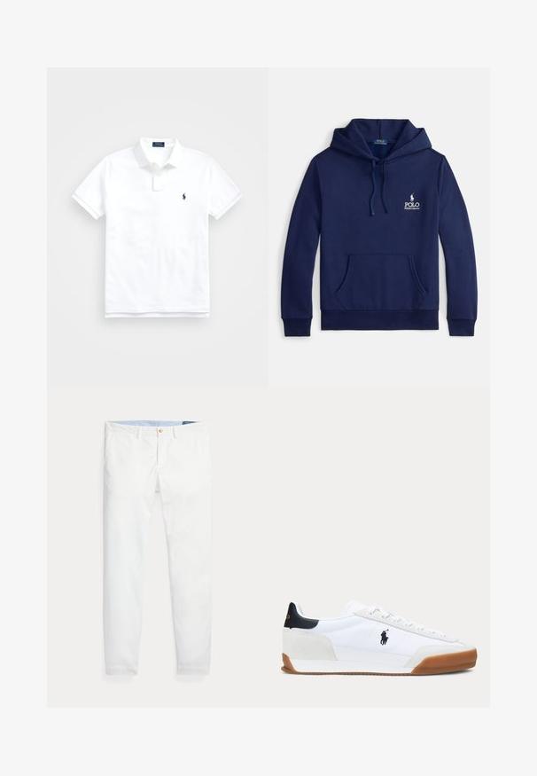 Marineblauer Hoodie aus Baumwollmischung mit einer Fronttasche, verstellbarer Kapuze mit Kordelzug und weißem, auf der Brust gesticktem Logo.; Weißes Poloshirt mit kurzen Ärmeln, Kragen, zwei Knöpfen und kleinem dunkelblau besticktem Logo auf der linken Brust.; Weiße Baumwoll-Chinos mit schmaler Passform, ausgestattet mit einem einzigen goldfarbenen Knopfverschluss und einem hellblauen inneren Bund. Glatte Textur ohne Muster.; Weißer Sneaker mit niedrigem Schaft, brauner Sohle, schwarzem Fersenpatch und schwarzem Polo-Spieler-Logo an der Seite.