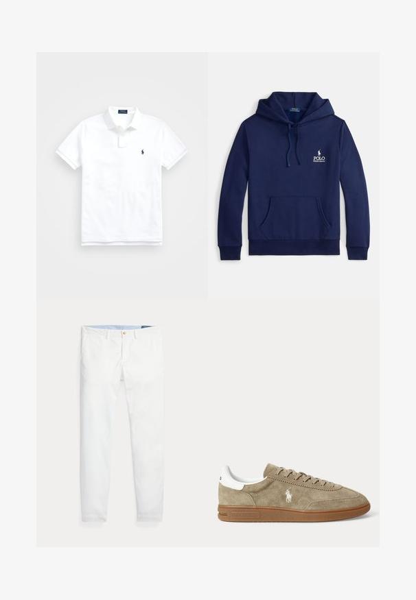 Marineblauwe hoodie van een katoenmengsel, met een voorzak, verstelbare capuchon met trekkoord en een wit geborduurd logo op de borst.; Witte poloshirt met korte mouwen, kraag, twee knopen en klein marineblauw geborduurd logo op de linkerborst.; Witte katoenen chino's met een slim fit, voorzien van een enkele gouden knoopsluiting en een lichtblauwe binnenband. Gladde textuur zonder patronen.; Beige suède lage sneaker met bruine zool, witte hiel-detail, veters en een wit geborduurd polo-speler logo aan de zijkant.