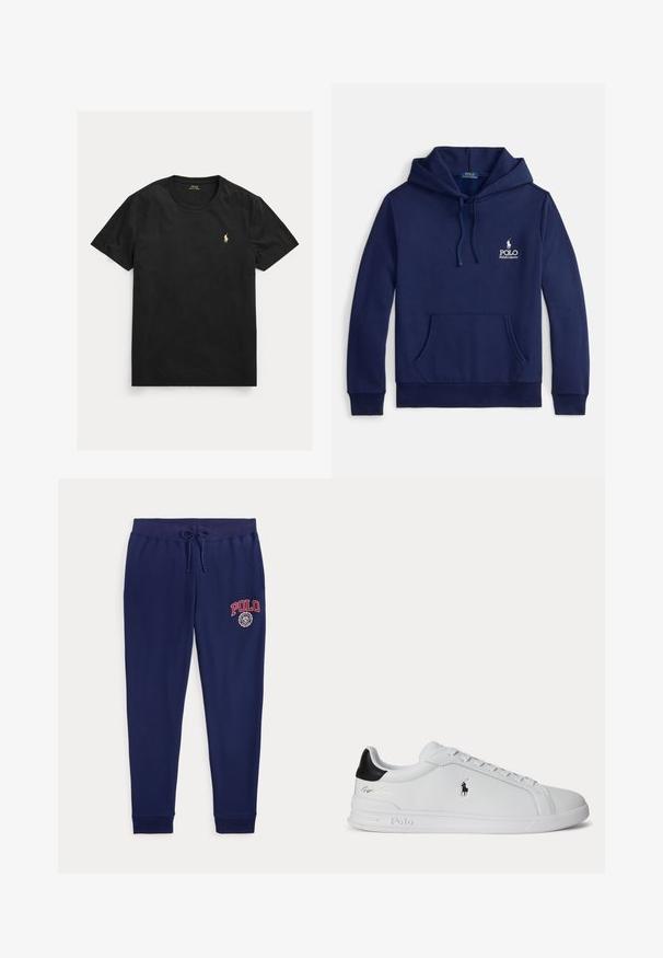 Marineblauwe hoodie van een katoenmengsel, met een voorzak, verstelbare capuchon met trekkoord en een wit geborduurd logo op de borst.; Zwart T-shirt met korte mouwen en ronde hals met klein geel Polo Ralph Lauren-logo op de linkerborst.; Marineblauwe joggingbroek met trekkoord in de taille en rood "POLO" logo en embleem op de bovenste linker dij.; Witte lage sneaker met zwarte hieltab, veters en Polo Ralph Lauren-logo aan de zijkant, met gegraveerde zooldetails.