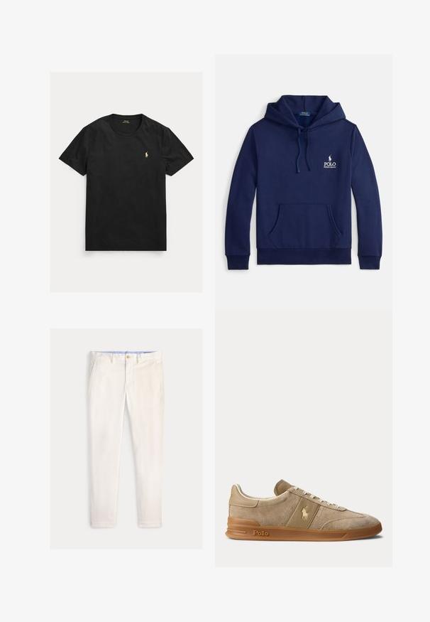 Marineblauwe hoodie van een katoenmengsel, met een voorzak, verstelbare capuchon met trekkoord en een wit geborduurd logo op de borst.; Zwart T-shirt met korte mouwen en ronde hals met klein geel Polo Ralph Lauren-logo op de linkerborst.; Slim-fit herensbroek in off-white met voorzakken, riemlussen en een knoopsluiting op een effen achtergrond.; Beige suède en leren lage sneaker met gumzool, witte veters en Polo-logo op de zijkant en zool.