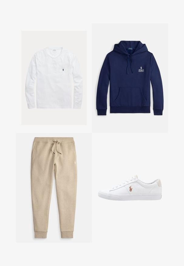 Marineblauwe hoodie van een katoenmengsel, met een voorzak, verstelbare capuchon met trekkoord en een wit geborduurd logo op de borst.; Wit shirt met lange mouwen en ronde hals, met klein donkerblauw Polo Ralph Lauren-logo geborduurd op de linkerborst.; Beige joggingbroek van zachte stof, voorzien van een trekkoord in de taille, zijzakken en geribbelde boorden. Voorzien van een klein logo op het bovenbeen.; Witte canvas sneakers met een laag ontwerp, featuring een beige hieltab en een klein geborduurd logo aan de zijkant. Rubber zool.