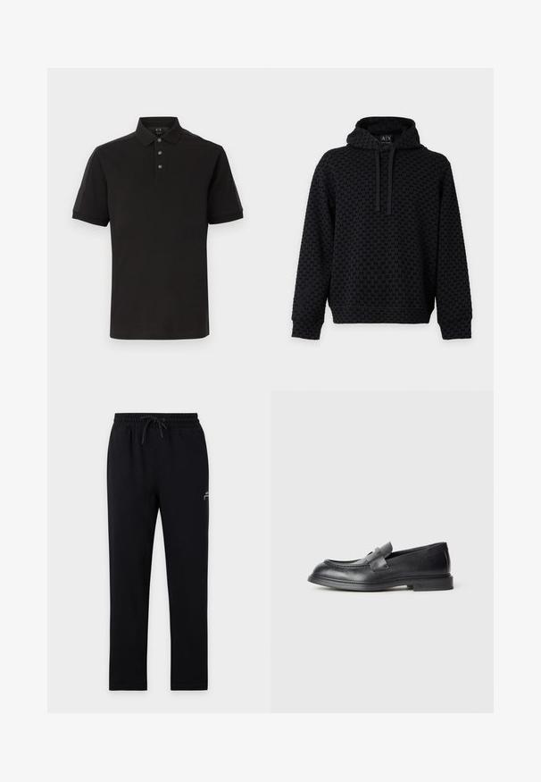 Sweat à capuche noir avec motif de petits logos "AX" partout, poche avant et capuche avec cordon, présenté sur fond blanc.; Polo noir à manches courtes avec trois boutons, col classique et détails ton sur ton subtil sur les épaules et les manches.; Pantalon de jogging noir avec taille élastique et cordon, jambes droites, avec un petit logo blanc sur la partie supérieure de la cuisse gauche.; Mocassins en cuir noir avec une finition texturée, dotés d'une bride décorative à l'avant et d'un bout arrondi. Semelle en caoutchouc pour plus de durabilité.