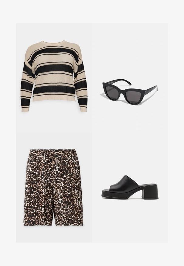Object Curve Πουλόβερ - sandshellstripes:black; Σορτς μέχρι το γόνατο με λεοπάρ σχέδιο και ελαστική μέση σε αποχρώσεις καφέ, μαύρου και μπεζ σε λευκό φόντο.; Μαύρες δερμάτινες πλατφόρμες μούλς με στρογγυλεμένο ανοιχτό μπροστινό μέρος, χαμηλό τετράγωνο τακούνι και λείες υφές. Μινιμαλιστική σχεδίαση με κομψές γραμμές.; Μαύρα γυαλιά ηλίου με σχήμα γατίσιας ματιού και ματ φινίρισμα, με γκρι φακούς και αιχμηρές γωνίες, καθώς και κομψά μπράτσα. Το όνομα της μάρκας είναι ορατό στο εσωτερικό του μπράτσου.