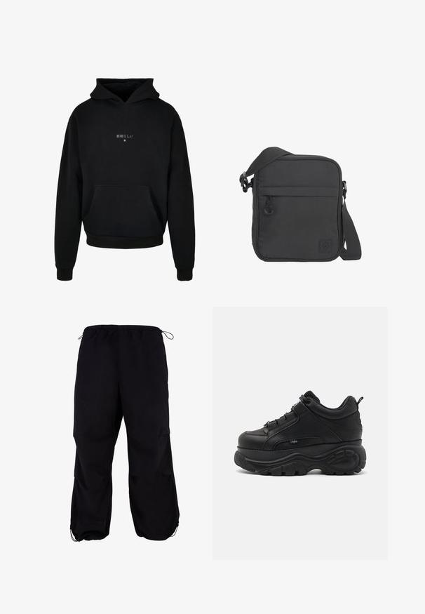 Schwarzer Kapuzenpullover aus weichem Material, mit einer vorderen Kängurutasche und weißem japanischen Text mit einem Sternakzent.; Schwarze, locker sitzende Cargo-Hosen mit elastischem Bund und verstellbarem Kordelzug. Mit Reißverschlusstaschen und Bündchen an den Knöcheln.; Schwarze Leder-Chucksneaker mit dicker Gummisohle, schlankem Design und strukturierten Akzenten. Verfügt über Schnürsenkel und eine Zuglasche an der Ferse.; Schwarze quadratische Umhängetasche mit verstellbarem Schulterriemen, Frontreißverschlusstasche und kleinem aufgenähtem Logopatch in der unteren rechten Ecke.