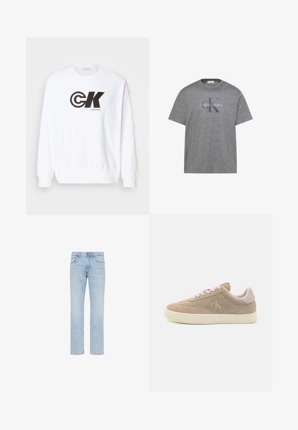 Sudadera blanca de algodón con un estampado del logo negro de Calvin Klein. Tiene un cuello redondo y puños y dobladillo acanalados.; Camiseta gris de manga corta con el logo de Calvin Klein que presenta grandes letras "cK" superpuestas y texto "Calvin Klein" en el centro frontal.; Vaqueros de mezclilla azul claro de pierna recta con botón delantero, cierre de cremallera y diseño de cinco bolsillos, mostrados sobre fondo blanco.; Zapatillas de ante beige con un acabado texturizado, cordones blancos y suela crema. Presentan un sutil logotipo "ck" en el lateral y una marca en el talón.