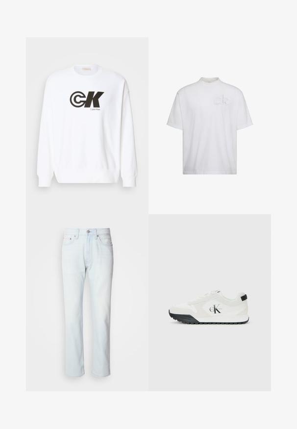 Sudadera blanca de algodón con un estampado del logo negro de Calvin Klein. Tiene un cuello redondo y puños y dobladillo acanalados.; Camiseta blanca de manga corta con cuello alto simulado, con un sutil logo "ck" en relieve en el pecho izquierdo.; Jeans de mezclilla azul claro con corte recto. Cuentan con un cierre de botón y pasadores para cinturón, mostrando una textura desgastada y costuras mínimas.; Zapatilla blanca de Calvin Klein con suela negra, paneles de ante y malla, logo CK en el lado y marca Calvin Klein en el talón y la suela.