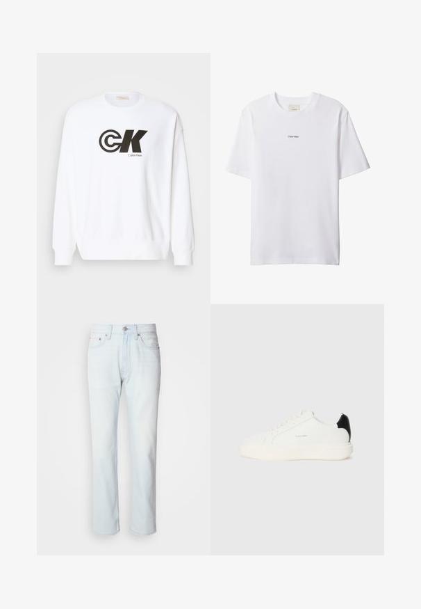 Witte sweatshirt van katoen met een zwarte Calvin Klein-logo print. Het heeft een ronde hals en ribgebreide manchetten en onderrand.; Witte katoenen T-shirt met een ronde hals en korte mouwen. Heeft een klein zwart "Calvin Klein"-logo in het midden van de borst.; Lichtblauwe denim jeans met een rechte pijp. Voorzien van een knoopsluiting en riemlussen, met een vervaagde textuur en minimale stiksels.; Witte leren sneaker met een zwarte accent op de hak, met een ronde neus, platte veters en een dikke witte zool. Calvin Klein-logo weergegeven.