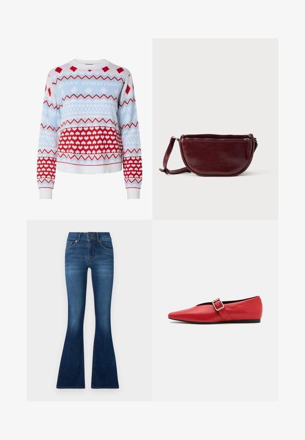 Gebreide kersttrui in lichtblauw, rood en wit met zigzag-, geruite en hartpatronen; met de tekst "VROLIJK KERSTFEEST".; Uitgebreide jeans van donkerblauwe denim. Voorzien van een sluiting met twee knopen, vijf zakken en vervagingdetails op de benen. Standaard taillebandontwerp.; Rode leren platte schoen met een spitse neus, voorzien van een zijkant band met een metalen gesp en een lage zwarte hak. Gladde textuur overal.; Dieprode lederen handtas met een halve-maansvorm, een ritssluiting en een afneembare riem. Gladde textuur met een subtiele glans.