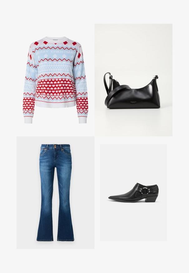 Gebreide kersttrui in lichtblauw, rood en wit met zigzag-, geruite en hartpatronen; met de tekst "VROLIJK KERSTFEEST".; Blauwe denim flared jeans met voorzakken, ceintuurlussen en dubbele knoopsluiting, weergegeven op een effen achtergrond.; Zwarte leren enkellaarzen met een spitse neus, voorzien van een leren band aan de voorkant en een zilveren gesp detail, en een lage, blokhak.; Zwarte leren handtas met een gladde textuur. Beschikt over een verstelbare schouderband en een strak, minimalistisch ontwerp met een ritssluiting.