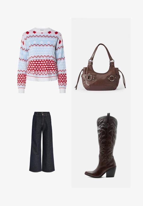 Gebreide kersttrui in lichtblauw, rood en wit met zigzag-, geruite en hartpatronen; met de tekst "VROLIJK KERSTFEEST".; Donkerblauwe denim jeans met wijd uitlopende pijpen, plooien, knoopsluiting en ceintuurlussen, afgebeeld tegen een witte achtergrond.; Lange donkerbruine leren cowboylaars met gestikte decoratieve patronen, spitse neus en gestapelde blokhak.; Bruine leren handtas met ronde vorm, zilveren hardware, twee zijriemen en een gladde textuur. Beschikt over een enkele handgreep aan de bovenkant.
