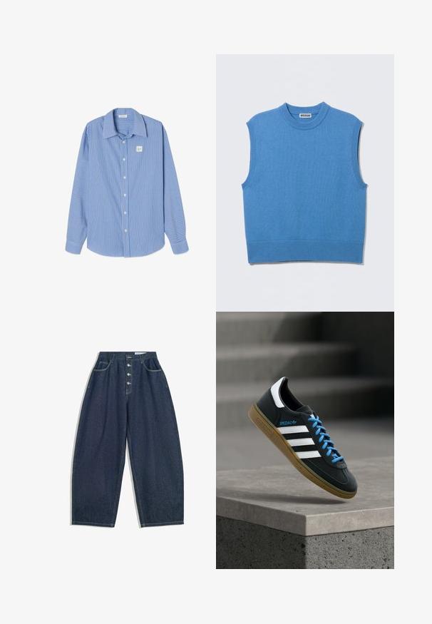 Ärmellose blaue Strickweste mit rundem Ausschnitt und gerippten Kanten, flach auf einem hellgrauen Hintergrund liegend.; Blau-weiß gestreiftes Langarmhemd mit spitzem Kragen, Knopfleiste vorn und einem kleinen quadratischen Logoaufnäher auf der linken Brust.; Dunkelblaue Denim-Hose mit weiter Beinform und hoher Taille, fünfknöpfigem Verschluss und fünf Taschen. Mit Steppnähten an den Nähten.; Schwarzer Adidas-Sneaker mit weißen Streifen, blauen Schnürsenkeln und Gummisohle, der über einer grauen Betontreppe im weichen Licht schwebt.