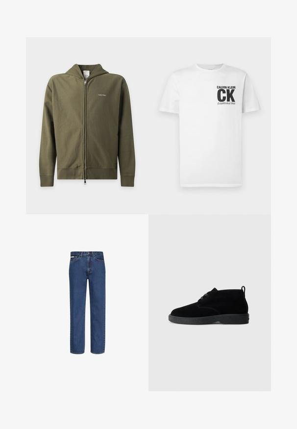 Olivgrüner Kapuzenpullover mit Reißverschluss, Kapuze und kleinem weißem Calvin Klein-Logo auf der linken Brustseite.; Weißes Baumwoll-T-Shirt mit einem schwarzen "CALVIN KLEIN" Logo und dem Schriftzug "CK Established 1968" auf der linken Brustseite. Kurzärmlig, klassischer Schnitt.; Blaue Jeans mit geradem Bein aus Denim, mit fünf Taschen, einem Knopf- und Reißverschluss sowie dezenter Verblassung am Stoff.; Schwarze Wildleder-Stiefeletten mit runder Zehenpartie, Schnürdesign, schwarzem Gummisohle und einem Zugband an der Rückseite für einfaches An- und Ausziehen.