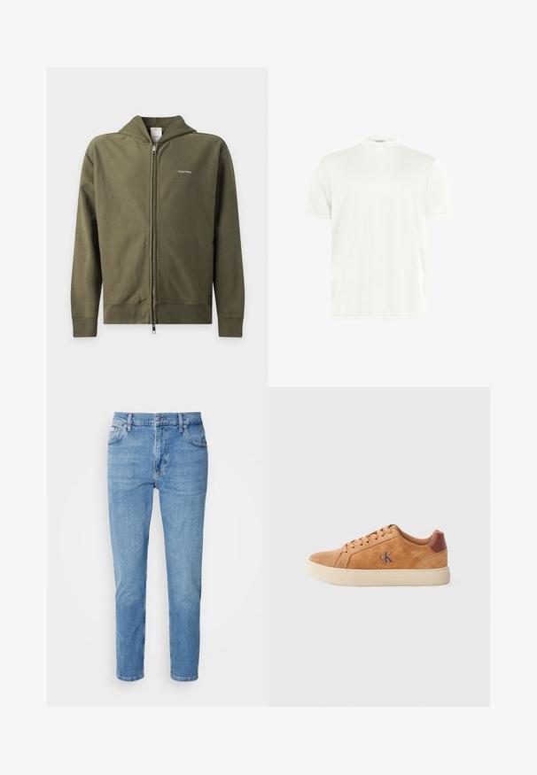 Sudadera con capucha y cremallera verde oliva con capucha y pequeño logo blanco de Calvin Klein en el área izquierda del pecho.; Camiseta blanca de cuello redondo hecha de tela suave. Mangas cortas, sin estampados. Diseño simple con dobladillo recto y detalles mínimos.; Vaqueros de mezclilla azul claro con corte recto, diseño de cinco bolsillos y un sutil desgastado. Presentan un cierre de botón y pasadores para cinturón.; Zapatilla de ante color canela con suela de goma beige, con acentos marrones y un pequeño logo azul en el costado. Diseño clásico con cordones.
