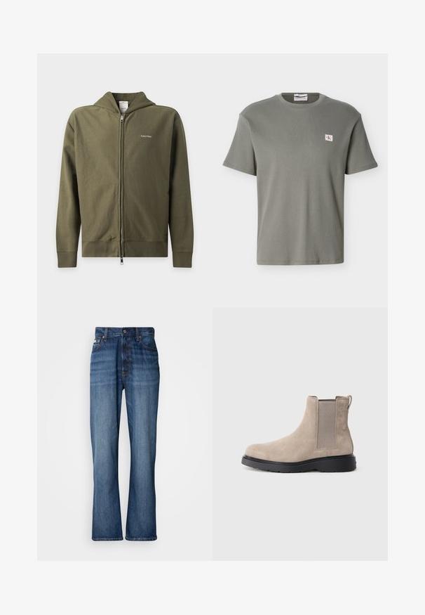 Olivovo zelená mikina na zips s kapucňou a malým bielym logom Calvin Klein na ľavej strane hrude.; Sivé tričko s krátkym rukávom z vaflového úpletu s okrúhlym výstrihom a malou nášivkou s logom CK na ľavej strane hrudníka, zobrazené na bielom pozadí.; Modré džínsy s vysokým pásom, rozšírenými nohavicami, dizajnom s piatimi vreckami a tónovaným prešívaním. Obsahujú zapínanie na gombík a nitované vrecká.; Béžová semišová Chelsea obuv s elastickými bočnými panelmi, sťahovacím pútkom a čiernou gumovou podrážkou. Hladký, zaoblený dizajn špičky.