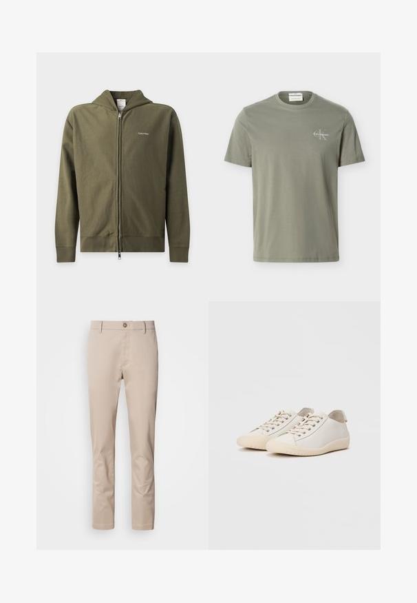 Olivengrøn hættejakke med lynlås, hætte og lille hvid Calvin Klein-logo på venstre bryst.; Lysegrøn kortærmet t-shirt med rund hals og lille hvid Calvin Klein-logo på venstre bryst.; Beige bomulds chinos med lige pasform, bæltestropper, en enkelt frontknap og en glat, utextureret overflade. Ingen lommer er synlige.; Hvide sneakers lavet af glat læder med tonede stikninger, snørebåndslukning, rund tå og en tekstureret gummisål.
