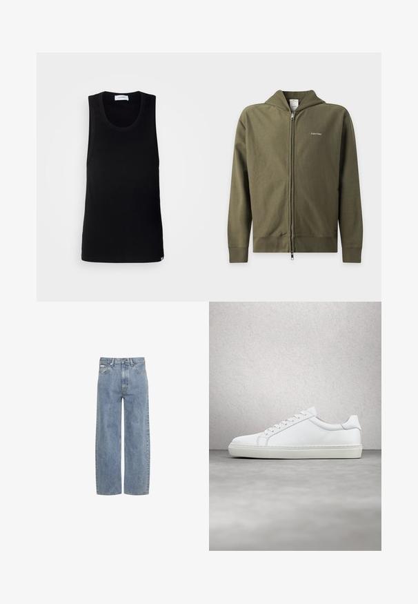 Olivengrøn hættejakke med lynlås, hætte og lille hvid Calvin Klein-logo på venstre bryst.; Sort ærmeløs tanktop lavet af bomuld, med en rund halsudskæring og et enkelt design med en diskret mærkeetiket ved kanten.; Lyseblå jeans med lige ben, foran lukning med knap og lynlås, bæltestropper og fem-lomme design.; Hvide sneakers med en glat læderoverdel og lav profil. Har en rund tå, seks snørehuller og en tekstureret gummisål.