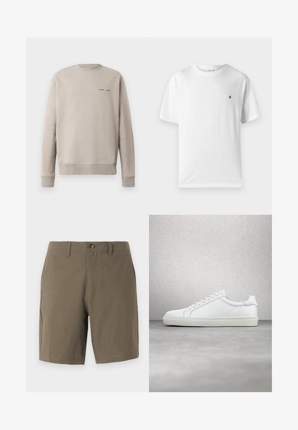 Sudadera beige de cuello redondo con puños y dobladillo acanalados. Presenta el logo "SAMSØE SAMSØE" en impresión oscura en el pecho. Material de algodón suave.; Camiseta blanca de algodón con cuello redondo, mangas cortas y un pequeño logo negro en el pecho. Textura suave, corte casual.; Pantalones cortos en verde oliva hechos de un tejido texturizado, con cierre de botón y frente plano, y con bolsillos laterales para mayor funcionalidad.; Zapatilla blanca con parte superior de cuero liso y perfil bajo. Presenta una puntera redondeada, seis ojales y una suela de goma texturizada.