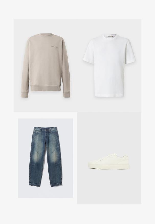 Beige crewneck sweatshirt med ribbet manchetter og kant. Viser "SAMSØE SAMSØE" logo i mørk print på brystet. Glat bomuldsstof.; Hvid kortærmet t-shirt i vaffelmønster med rund hals og et lille mærke med brandnavn inde i kraven, vist på en ensfarvet baggrund.; Lyseblå denimjeans med løs pasform, med falmede pletter, frontlommer og diagonale sømdetaljer. Design med lige ben.; Hvid lav sneakers med snørebånd foran, glat læderoverflade og tyk gummisål, vist fra ydersiden på en ensfarvet baggrund.