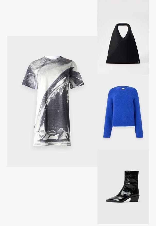 CLOSED CREW NECK LONG SLEEVE - Striktrøje - galaxy blue; Grafisk t-shirt med et stort sort-hvidt billede af en haj. Lavet af åndbart stof, kortærmet og med rund halsudskæring.; Sorte lakerede ankelstøvler med spids tå, struktureret overflade og kraftig blokhæl. Elegant design med en glat, blank overflade.; Sort tote bag med en trekantet form, lavet af tekstureret stof, med et rundet håndtag og en lille detalje nederst.